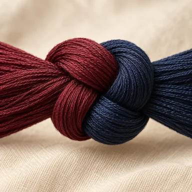 Burgundy and navy threads tied together in a knot, symbolizing a lasting promise